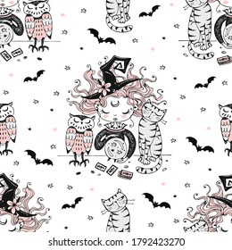 Patrón sin foco con un tema de Halloween con una pequeña bruja y sus mascotas. Vector.