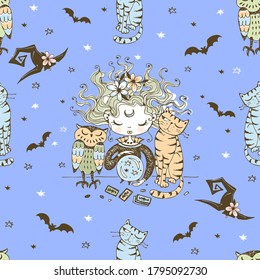 Seamless pattern with a Halloween theme with a little witch and her Pets. Vector.