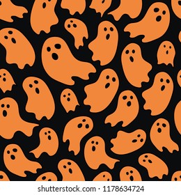 Seamless pattern Halloween theme orange ghost random repeat on black background