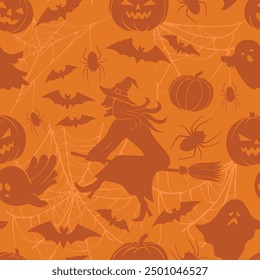 Seamless pattern with a Halloween theme in orange hues. The design features ghosts, carved pumpkins, bats, spiders, a witch and spiderwebs.