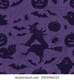 Seamless pattern with a Halloween theme in purple hues. The design features ghosts, carved pumpkins, bats, spiders, a witch and spiderwebs.