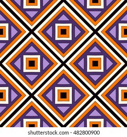Seamless pattern in Halloween traditional colors. Repeated squares and rhombuses bright ornamental abstract background. Can be used for digital paper, textile print, page fill. Vector illustration