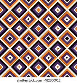 Seamless pattern in Halloween traditional colors. Repeated squares and rhombuses bright ornamental abstract background. Can be used for digital paper, textile print, page fill. Vector illustration