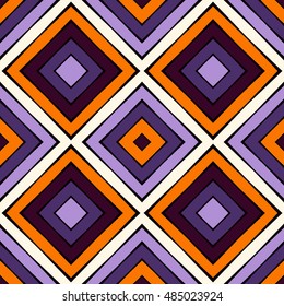 Seamless pattern in Halloween traditional colors. Repeated squares and rhombuses bright ornamental abstract background. Can be used for digital paper, textile print, page fill. Vector illustration