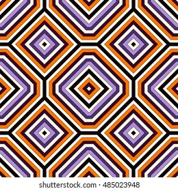 Seamless pattern in Halloween traditional colors. Repeated squares and rhombuses bright ornamental abstract background. Can be used for digital paper, textile print, page fill. Vector illustration