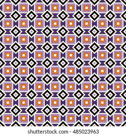 Seamless pattern in Halloween traditional colors. Repeated squares and rhombuses bright ornamental abstract background. Can be used for digital paper, textile print, page fill. Vector illustration