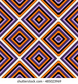 Seamless pattern in Halloween traditional colors. Repeated squares and rhombuses bright ornamental abstract background. Can be used for digital paper, textile print, page fill. Vector illustration