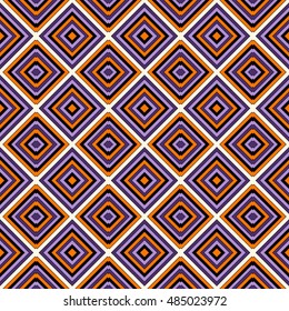 Seamless pattern in Halloween traditional colors. Repeated squares and rhombuses bright ornamental abstract background. Can be used for digital paper, textile print, page fill. Vector illustration
