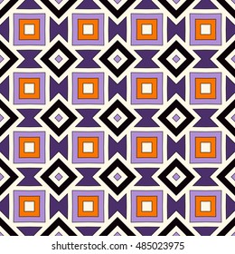 Seamless pattern in Halloween traditional colors. Repeated squares and rhombuses bright ornamental abstract background. Can be used for digital paper, textile print, page fill. Vector illustration