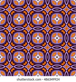 Seamless pattern in Halloween traditional colors. Abstract background with bright ethnic ornaments. Can be used for digital paper, textile print, page fill. Vector illustration