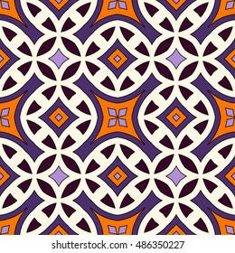 Seamless pattern in Halloween traditional colors. Abstract background with bright ethnic ornaments. Can be used for digital paper, textile print, page fill. Vector illustration
