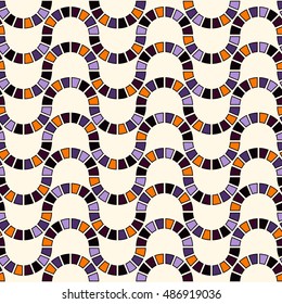 Seamless pattern in Halloween traditional colors. Stained glass mosaic bright abstract background. Can be used for digital paper, textile print, page fill. Vector illustration