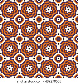 Seamless pattern in Halloween traditional colors. Colorful kaleidoscope decorative round ornament on white background. Ornamental vivid wallpaper. Vector illustration