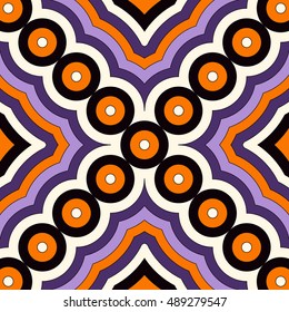 Seamless pattern in Halloween traditional colors. Abstract background with bright geometric ornament. Can be used for digital paper, textile print, page fill. Vector illustration