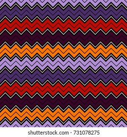 Seamless pattern in Halloween traditional colors. Chevron jagged stripes print. Classic geometric ornament. Zigzag horizontal lines wallpaper. Vivid digital paper, textile print, page fill. Vector