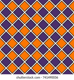 Seamless pattern in Halloween traditional colors. Repeated bright diamonds background. Geometric motif. Checkerboard wallpaper. Grid digital paper, textile print, page fill. Vector illustration