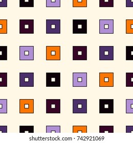 Seamless pattern in Halloween traditional colors with geometric ornament. Repeated bright square abstract background. Vivid colors surface texture. Digital paper, textile print, page fill. Vector art