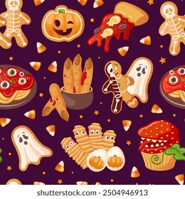 Seamless pattern Halloween Treats and Ghosts full of colorful and cheerful designs. Pasta with eyes. Skeleton Gingerbread. mummy sausages. pizza slice with skull. For wallpaper, fabric, wrapping