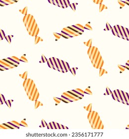 Seamless pattern of Halloween trick or treat candies on isolated background. Background in traditional colours for Halloween celebration, textiles, wall papers, wrapping paper, scrapbooking. 