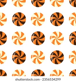 Seamless pattern of Halloween trick or treat candies on isolated background. Background in traditional colours for Halloween celebration, textiles, wall papers, wrapping paper, scrapbooking. 