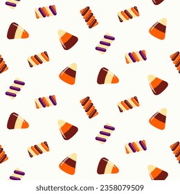 Seamless pattern of Halloween trick or treat candies on isolated background. Background in traditional colours for Halloween celebration, textiles, wall papers, wrapping paper, scrapbooking. 