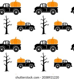 Seamless pattern with Halloween truck, pumpkin, tree isolated on white background. Vector flat illustration. Design for Halloween backdrop, textile, wrapping, wallpaper
