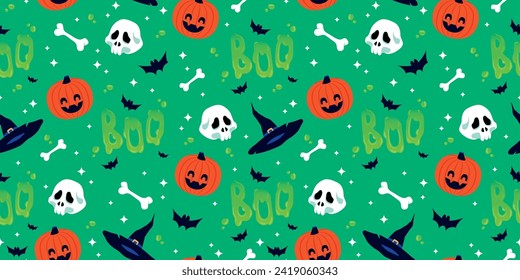 Seamless pattern for Halloween. Vector green texture for wrap paper. Halloween's seamless pattern includes skulls, hats, bones, pumpkins, bats, and sparkles.