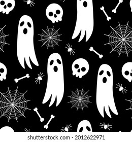 Seamless pattern Halloween vector illustration. Ghosts, skull, spiders, cobwebs, bones