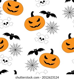 Seamless pattern Halloween vector illustration. Ghosts, skull, spiders, cobwebs, bones