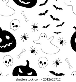 Seamless pattern Halloween vector illustration. Ghosts, skull, spiders, bones, pumpkins, bats