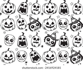 seamless pattern for Halloween in vintage style, sketch. cute scary witches, zombies and pumpkins, engraving