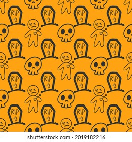 Seamless pattern with Halloween. voodoo doll, scull, Gravestone.  Can be used for digital paper scrapbook, textile printing, page filling. Happy Halloween pattern. Halloween holiday seamless pattern