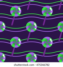 Seamless pattern halloween wave and lollipops purple green