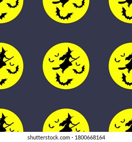 Seamless pattern for Halloween with witch black silhouette on broomstick on dark background