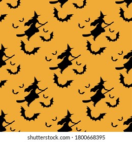 Seamless pattern for Halloween with witch black silhouette on broomstick on orange background