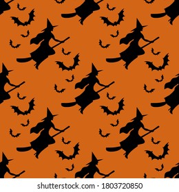 Seamless pattern for Halloween with witch black silhouette on broomstick on orange background