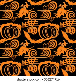 seamless pattern for Halloween with a witch flying on a broom and pumpkins on black background