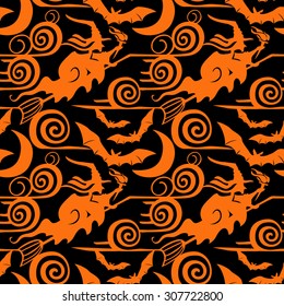 seamless pattern for Halloween with a witch flying on a broomstick on black background