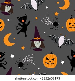 Seamless pattern for Halloween. A witch in a hat, a black cat, a pumpkin, a bat, a spider with a cobweb, against the backdrop of the moon and stars. Vector graphics.