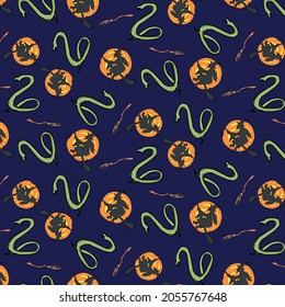 Seamless pattern for halloween  witch on a broom, full moon, snakes and brooms on a dark blue background.