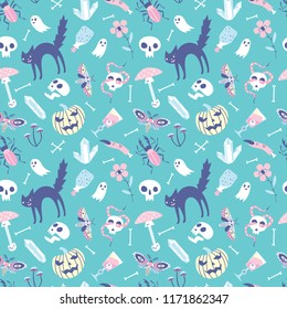 Seamless pattern with halloween and witchcraft symbols