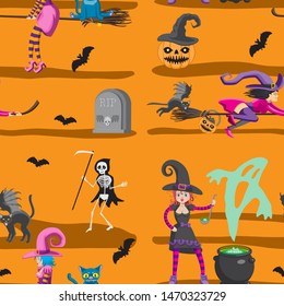 Seamless pattern - Halloween. Witches broom cat skeleton tombstone pumpkin bat on orange background. design of greeting cards wallpapers Vector image. eps 10