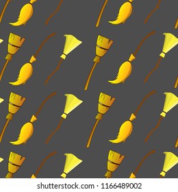 Seamless Pattern with Halloween Witches Broomstick. Traditional Halloween Symbol, Accessory Object, Cartoon Broom. Vector Illustration for your Design.