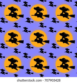 Seamless pattern for Halloween with witches flying on broom and moon. Vector illustration. Traditional purple and orange colors