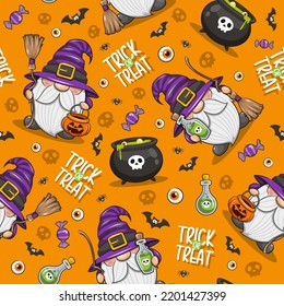 Seamless Pattern Halloween Witches Gnome, Cute Cartoon Illustration