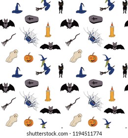 
Seamless pattern for Halloween. Witches on a  broomsticks, witch caps, bats, candles, coffins with crosses, smiling pumpkins, ghosts, brooms, spiders on cobwebs. White background. Vector.