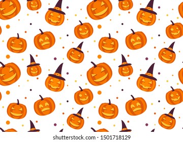 Seamless pattern halloween with yellow  pumpkin carved faces.Ornament for fabric, paper, festive background for the site.Vector flat style.