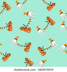 Seamless pattern, for Halloween's day. Funny pumkin man's and ghost preparing for party.  Vector illustration  
