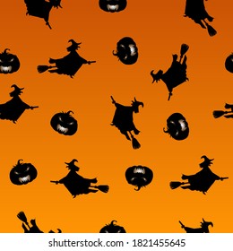 Seamless pattern, for Halloween's day. Pumkins and flying witch on orange background.  Vector illustration  