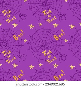 Seamless pattern for Halloween.Seamless texture with cobwebs, text, stars.